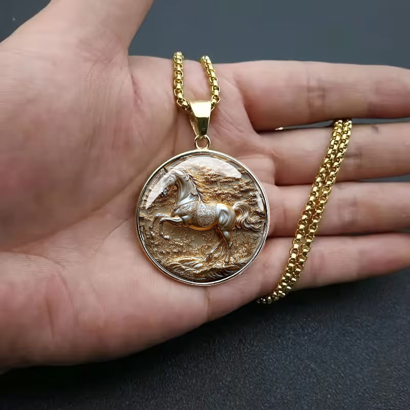 Men's Golden Steed Pattern Stainless Steel Necklace, Animal Pendant